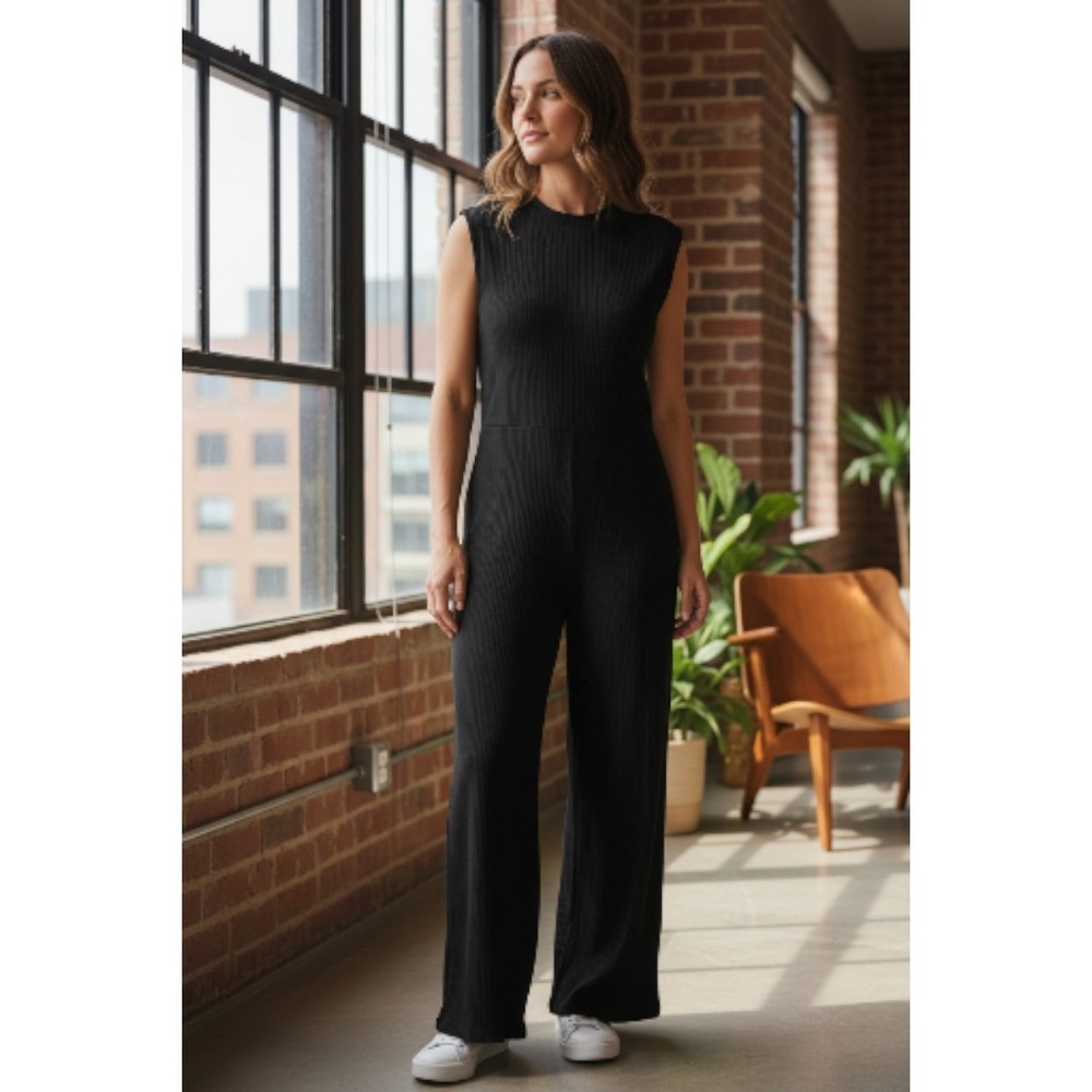Say What‎ ? Black Ribbed Wide Leg Jumpsuit Sleeveless High Neck Plus Size 1X